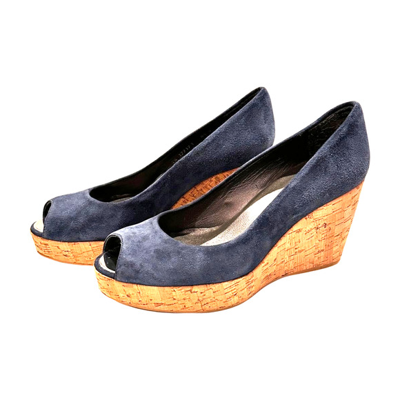 Stuart Weitzman Blue Suede Peep Toe Cork Wedge Shoes Size 8 - Picture 5 of 8